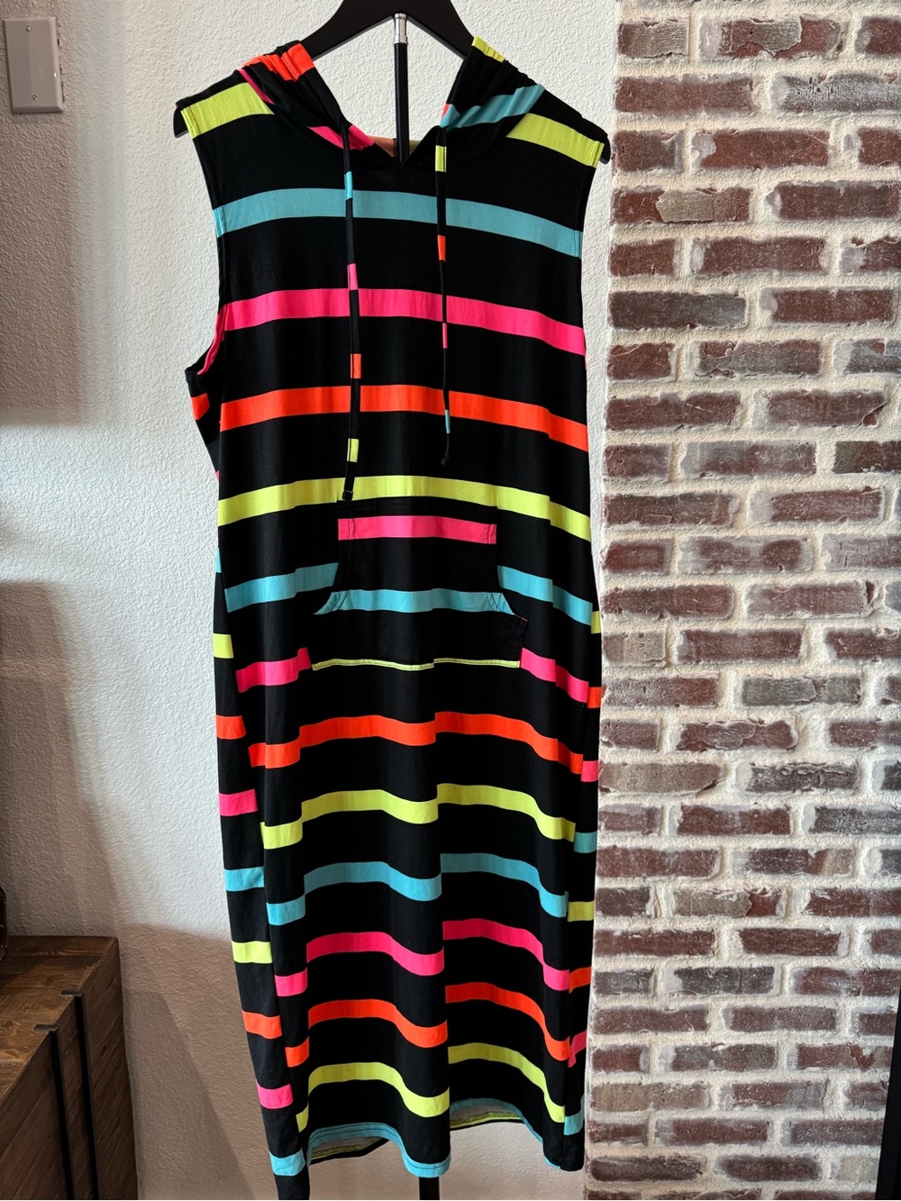 Bobbie Brooks Sleeveless Hoodie Dress - Black with Neon Stripes Women’s Size XL